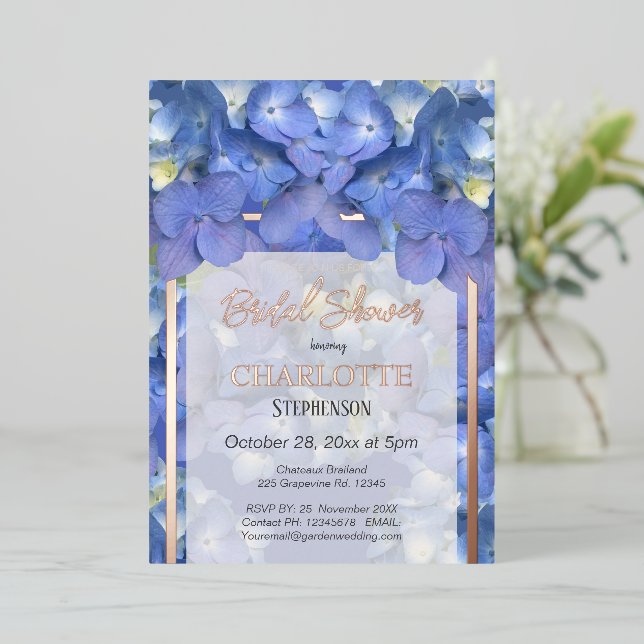 Blue Hydrangeas Floral Bridal Shower Foil Invitation (Standing Front)
