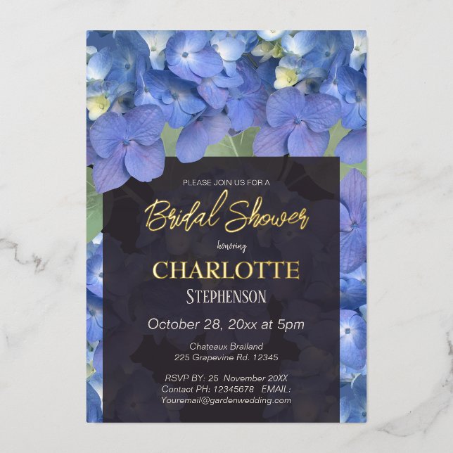 Blue Hydrangeas Floral Bridal Shower Foil Invitation (Front)