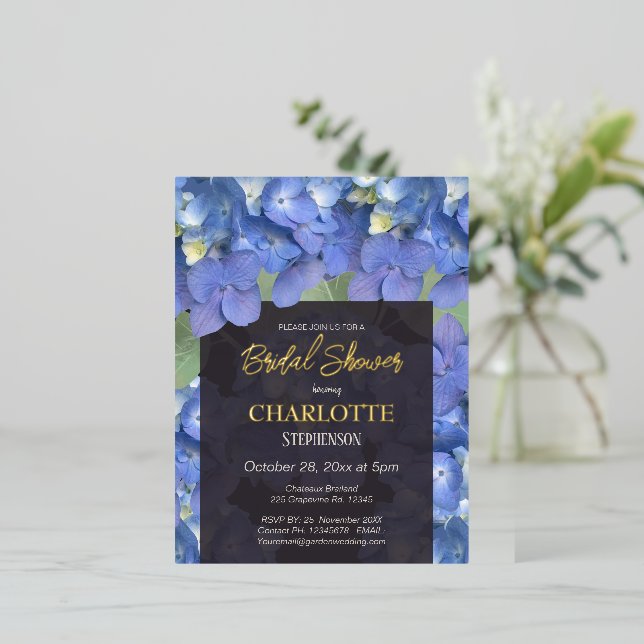 Blue Hydrangeas Floral Bridal Shower Foil Invitation Postcard (Standing Front)