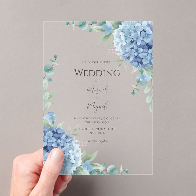 Blue Hydrangeas Floral Elegant Wedding Acrylic Invitations (Insitu (Handheld))