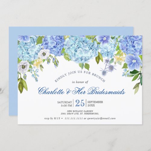 Blue Hydrangeas Floral Greenery Bridesmaids Brunch Invitation