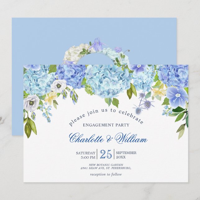 Blue Hydrangeas Floral Greenery ENGAGEMENT PARTY Invitation (Front/Back)