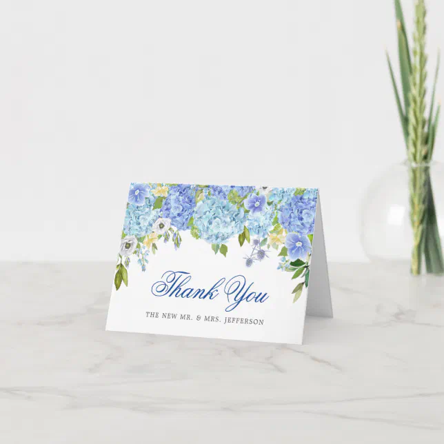 Blue Hydrangeas Floral Greenery Watercolor Floral Thank You Card | Zazzle