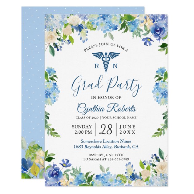 Blue Hydrangeas Floral Nursing School Graduation Invitation
