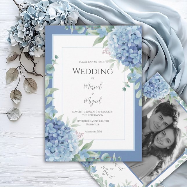 Blue Hydrangeas Floral Photo Elegant Wedding Invitation (Creator Uploaded)