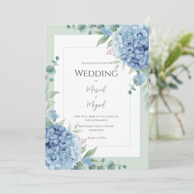 Blue Hydrangeas Floral Photo Elegant Wedding Invitation (Standing Front)