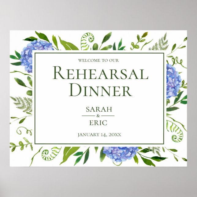 Blue Hydrangeas Floral Rehearsal Dinner Sign (Front)