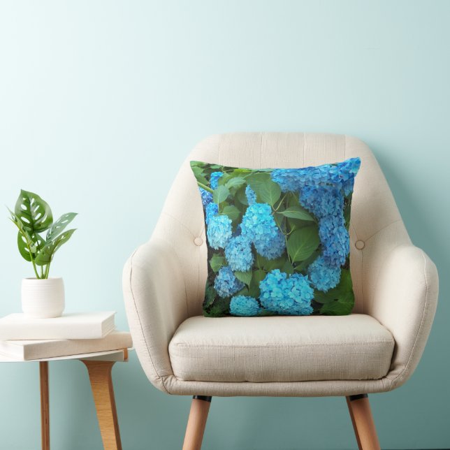 Blue Hydrangeas Floral Throw Pillow (Chair)