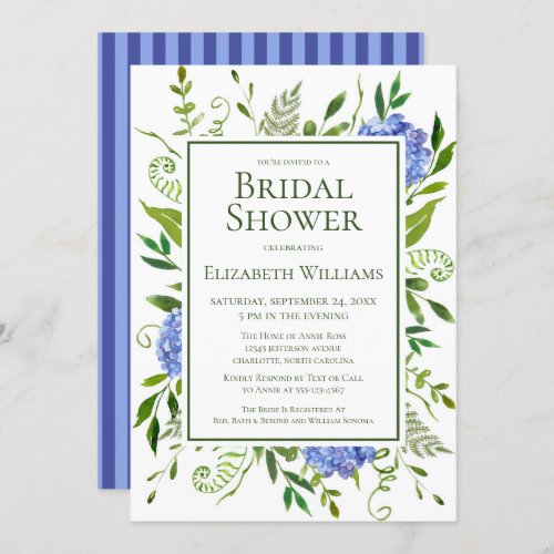 Blue Hydrangeas Floral Watercolor Bridal Shower Invitation