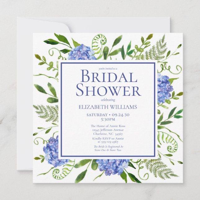 Blue Hydrangeas Floral Watercolor Bridal Shower Invitation (Front)