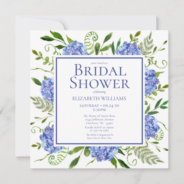 Blue Hydrangeas Floral Watercolor Bridal Shower Invitation (Front)