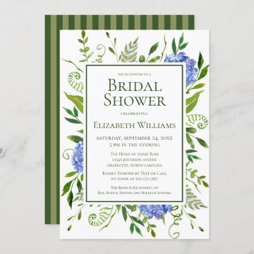 Blue Hydrangeas Floral Watercolor Bridal Shower Invitation