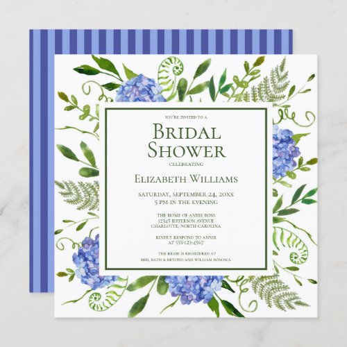 Blue Hydrangeas Floral Watercolor Bridal Shower Invitation