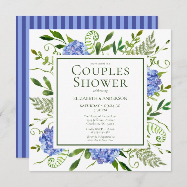Blue Hydrangeas Floral Watercolor Couples Shower Invitation (Front/Back)