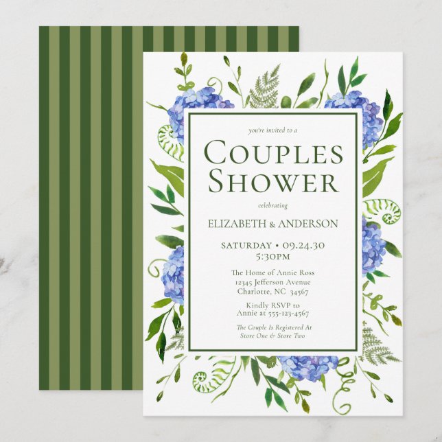 Blue Hydrangeas Floral Watercolor Couples Shower Invitation (Front/Back)