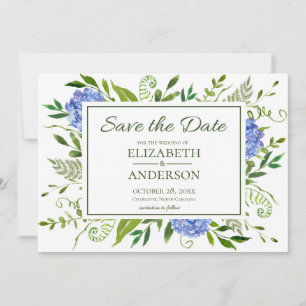 Blue Hydrangeas Floral Watercolor Photo Wedding Save The Date
