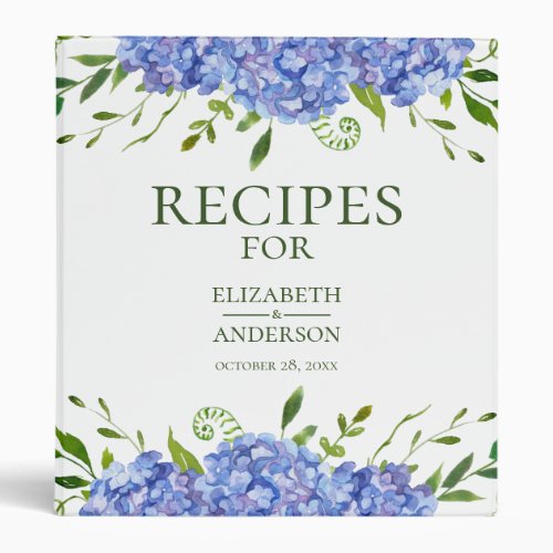 Blue Hydrangeas Floral Watercolor Recipe Binder