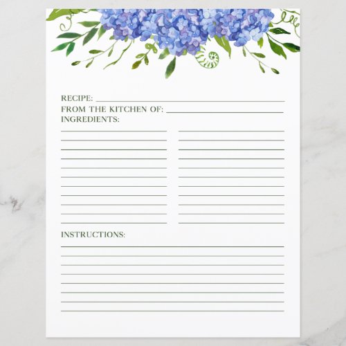 Blue Hydrangeas Floral Watercolor Recipe Page