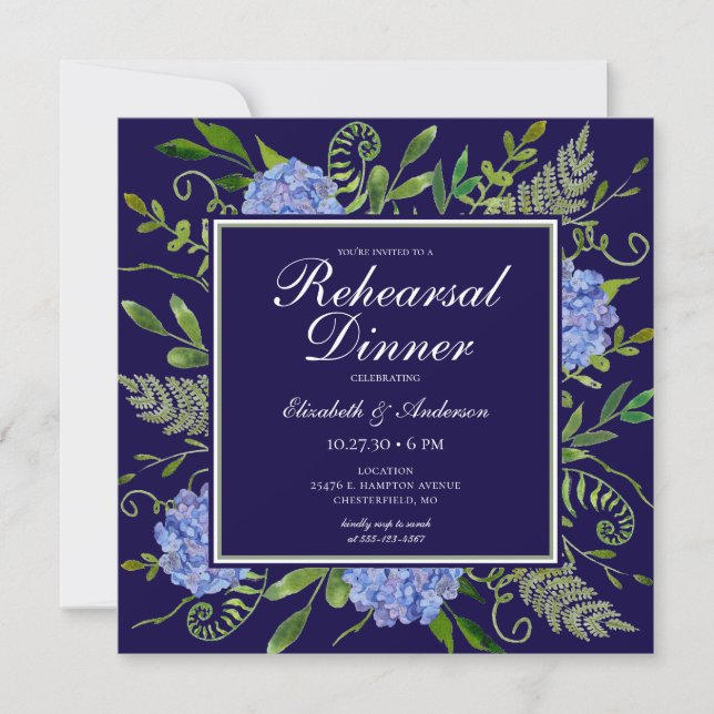 Blue Hydrangeas Floral Watercolor Rehearsal Dinner Invitation (Front)
