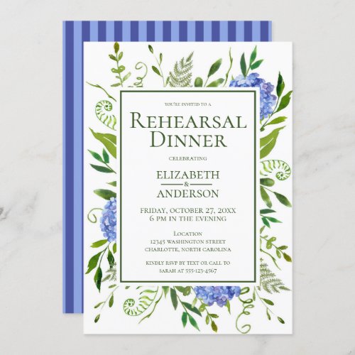 Blue Hydrangeas Floral Watercolor Rehearsal Dinner Invitation