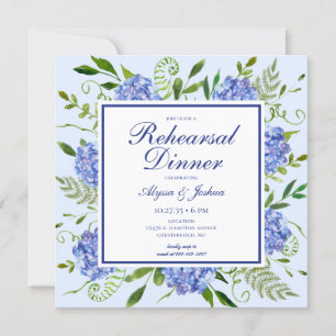 Blue Hydrangeas Floral Watercolor Rehearsal Dinner Invitation