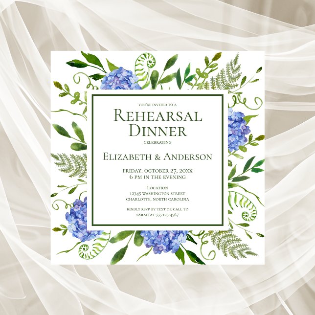 Blue Hydrangeas Floral Watercolor Rehearsal Dinner Invitation (Creator Uploaded)