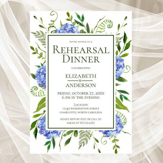 Blue Hydrangeas Floral Watercolor Rehearsal Dinner Invitation (Creator Uploaded)