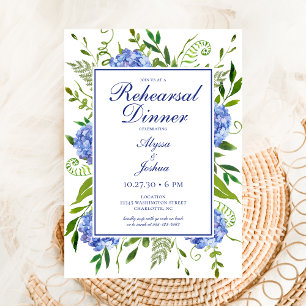 Blue Hydrangeas Floral Watercolor Rehearsal Dinner Invitation