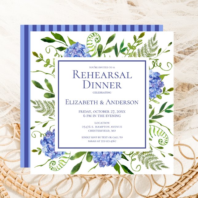Blue Hydrangeas Floral Watercolor Rehearsal Dinner Invitation (Creator Uploaded)