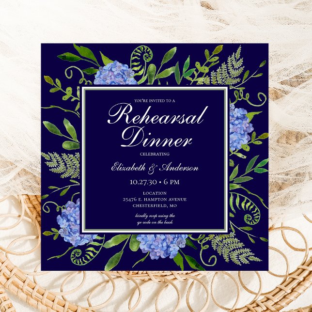 Blue Hydrangeas Floral Watercolor Rehearsal Dinner Invitation (Creator Uploaded)
