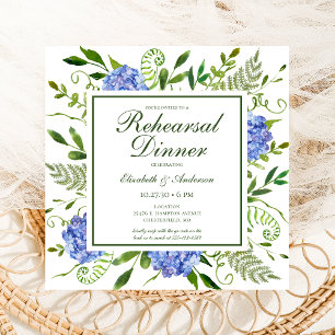 Blue Hydrangeas Floral Watercolor Rehearsal Dinner Invitation
