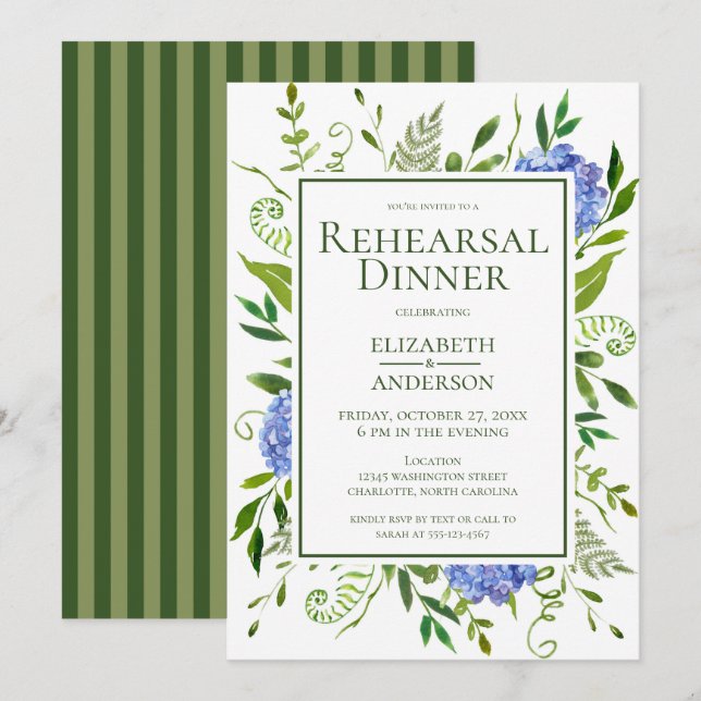 Blue Hydrangeas Floral Watercolor Rehearsal Dinner Invitation (Front/Back)