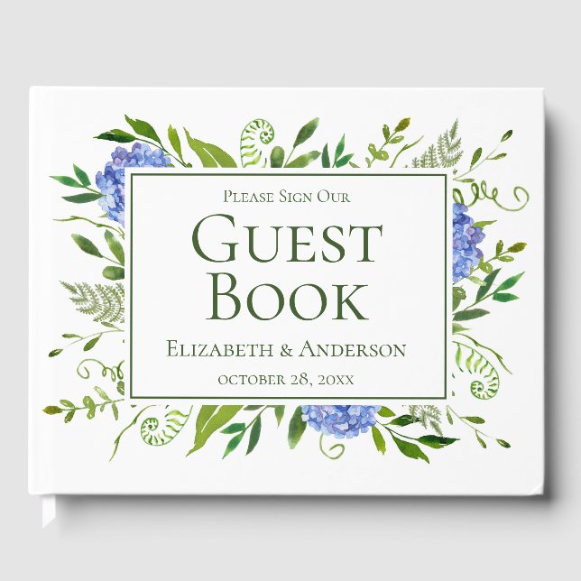 Blue Hydrangeas Floral Watercolor Wedding Guest Book (Front)