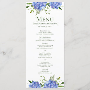 Blue Hydrangeas Floral Watercolor Wedding Menu