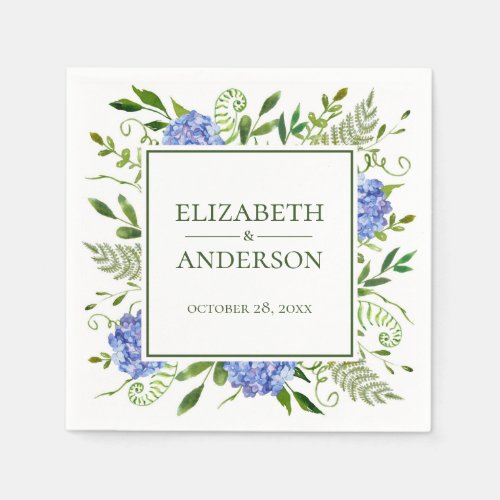 Blue Hydrangeas Floral Watercolor Wedding Napkins