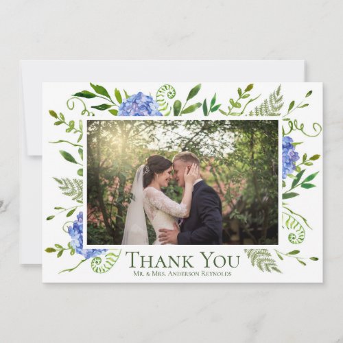 Blue Hydrangeas Floral Watercolor Wedding Photo Thank You Card