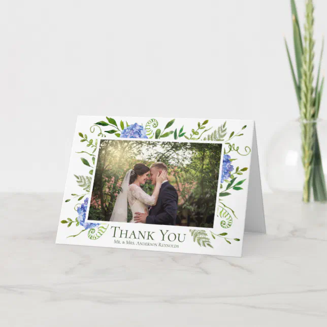 Blue Hydrangeas Floral Watercolor Wedding Photo Thank You Card | Zazzle