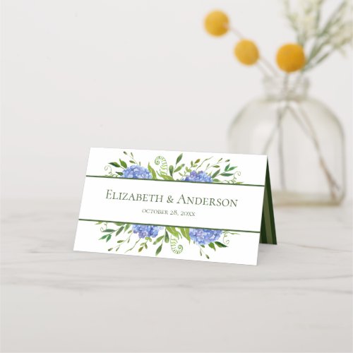 Blue Hydrangeas Floral Watercolor Wedding Place Card