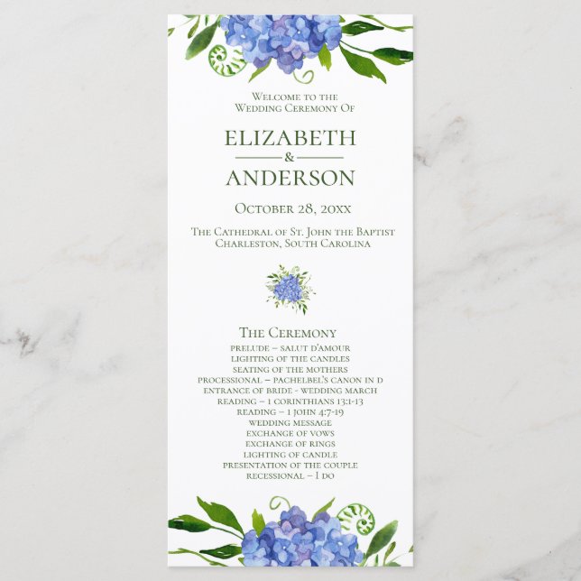 Blue Hydrangeas Floral Watercolor Wedding Program (Front)