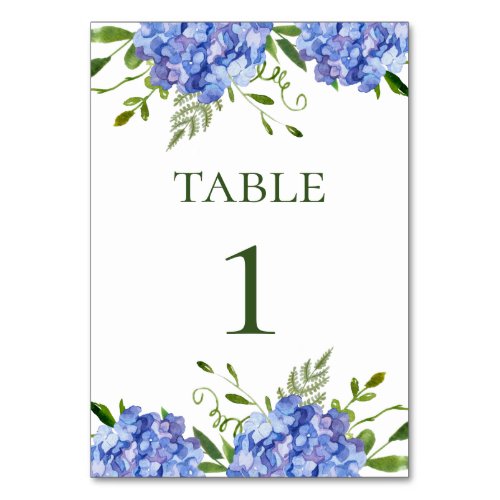 Blue Hydrangeas Floral Watercolor Wedding Table Number