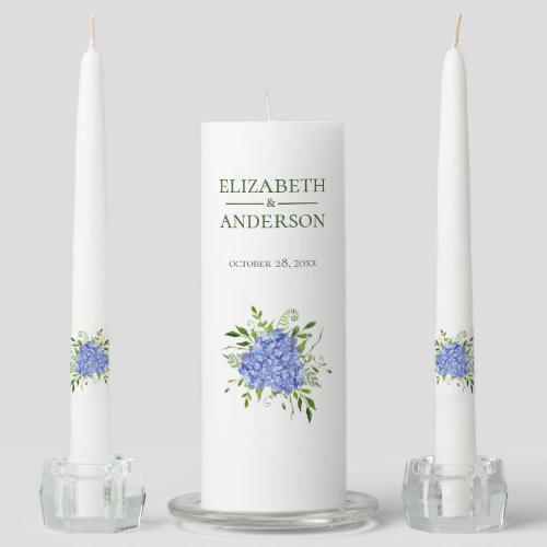 Blue Hydrangeas Floral Watercolor Wedding Unity Candle Set