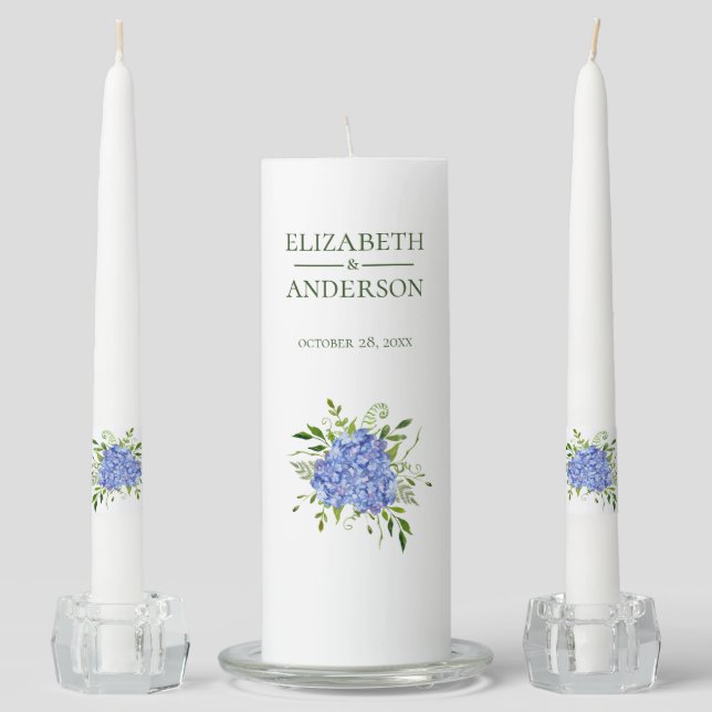 Blue Hydrangeas Floral Watercolor Wedding Unity Candle Set (Front)