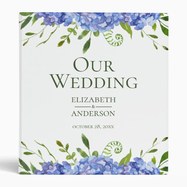Blue Hydrangeas Floral Wedding Photo Album 3 Ring Binder (Front)