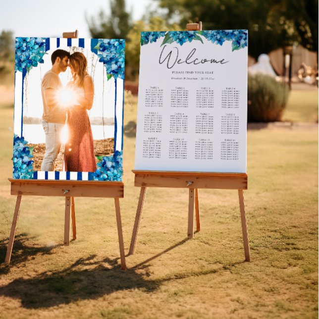 Blue Hydrangeas Floral Wedding Photo Seating Chart Foam Board (Creator Uploaded)