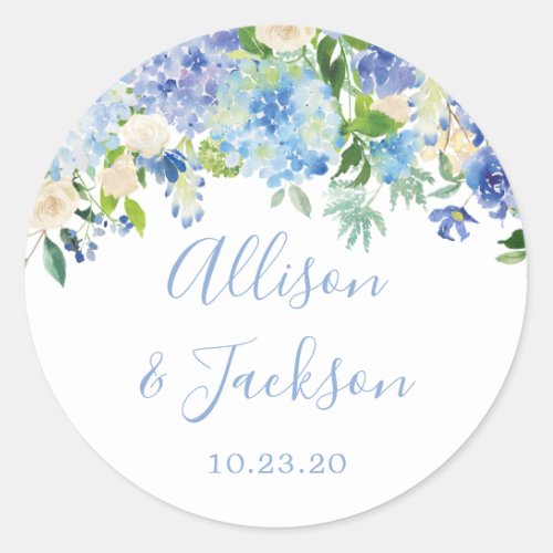 Blue Hydrangeas Floral Wedding Round Sticker