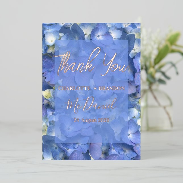 Blue Hydrangeas Floral Wedding Thank You Foil Invitation (Standing Front)