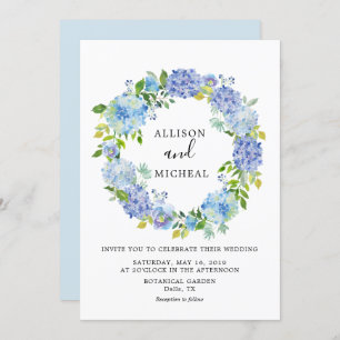 Blue Hydrangeas Floral Wreath Wedding Invitation