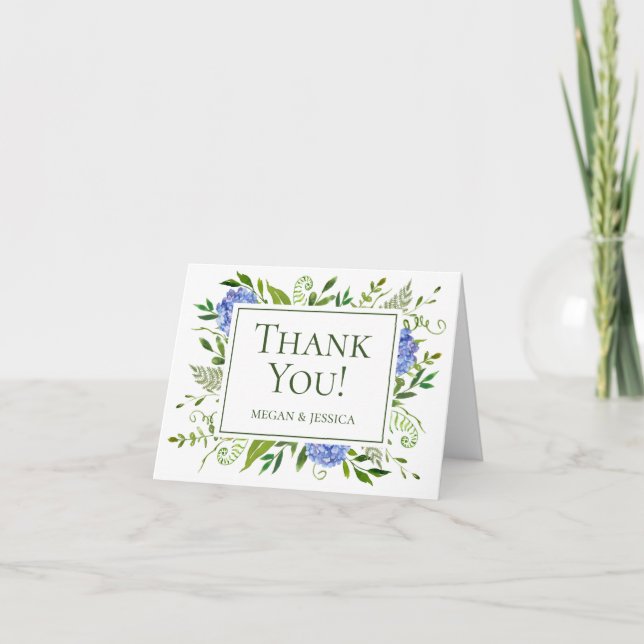 Blue Hydrangeas Folded Blank Letterpress Thank You Card (Front)