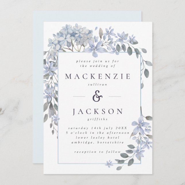 Blue Hydrangeas Frame Watercolor Wedding Invitation (Front/Back)