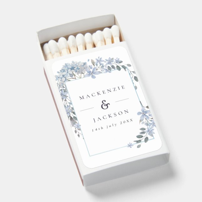 Blue Hydrangeas Frame Watercolor Wedding Matchboxes (Front Open)